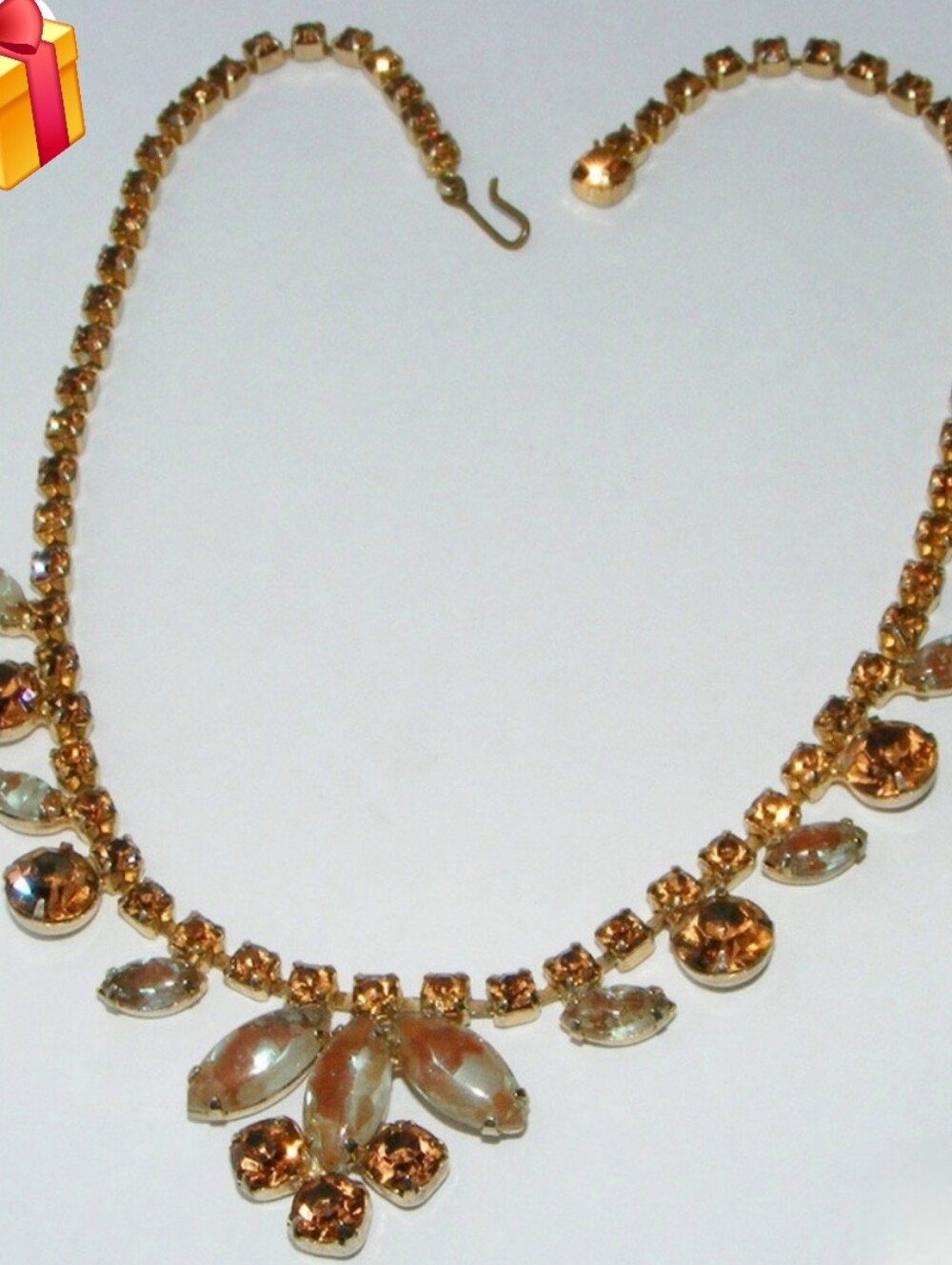 1961'S Vintage Rhinestone Saphiret Elegant Gold Crystal Statement Necklace